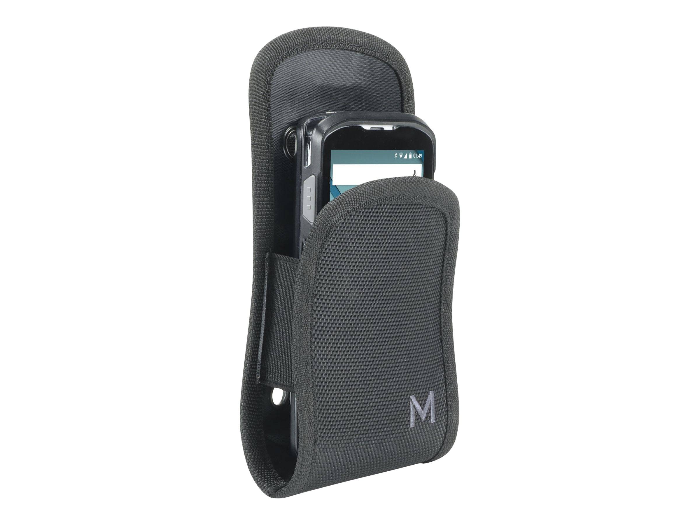 Schwarze robuste Smartphone-Holster mit Klappe, die ein Smartphone sicher hält