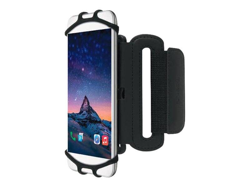 Schwarze Armband-Handyhalterung mit transparenter Fronttasche, die ein Smartphone hält, gezeigt mit verstellbarem Riemen zum Laufen oder Trainieren.