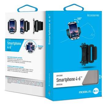 Produktbox für eine universelle Smartphone-Autohalterung 4-6 Zoll, die die Halterung an einem Telefon mit 180-Grad-Drehung und Zubehör zeigt.