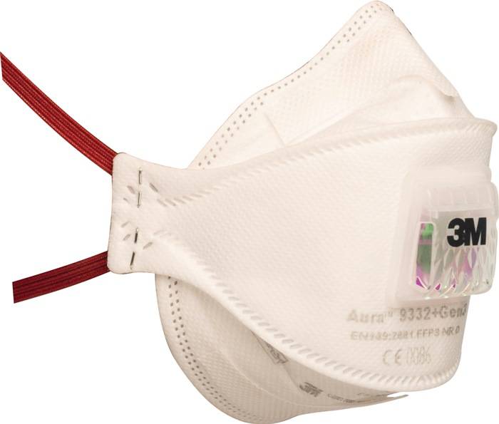 Eine weiße Atemschutzmaske mit rotem Gurt, ausgestattet mit einem Ventildesign für einfacheres Atmen. Die Maske ist für Schutzanwendungen konzipiert.