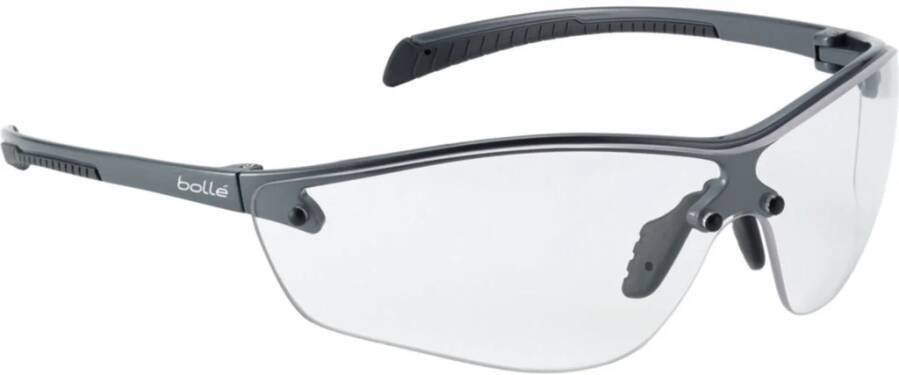 Schwarze Schutzbrille mit Umfassungsrahmen, klaren Gläsern und verstellbaren Bügeln, dargestellt vor weißem Hintergrund.