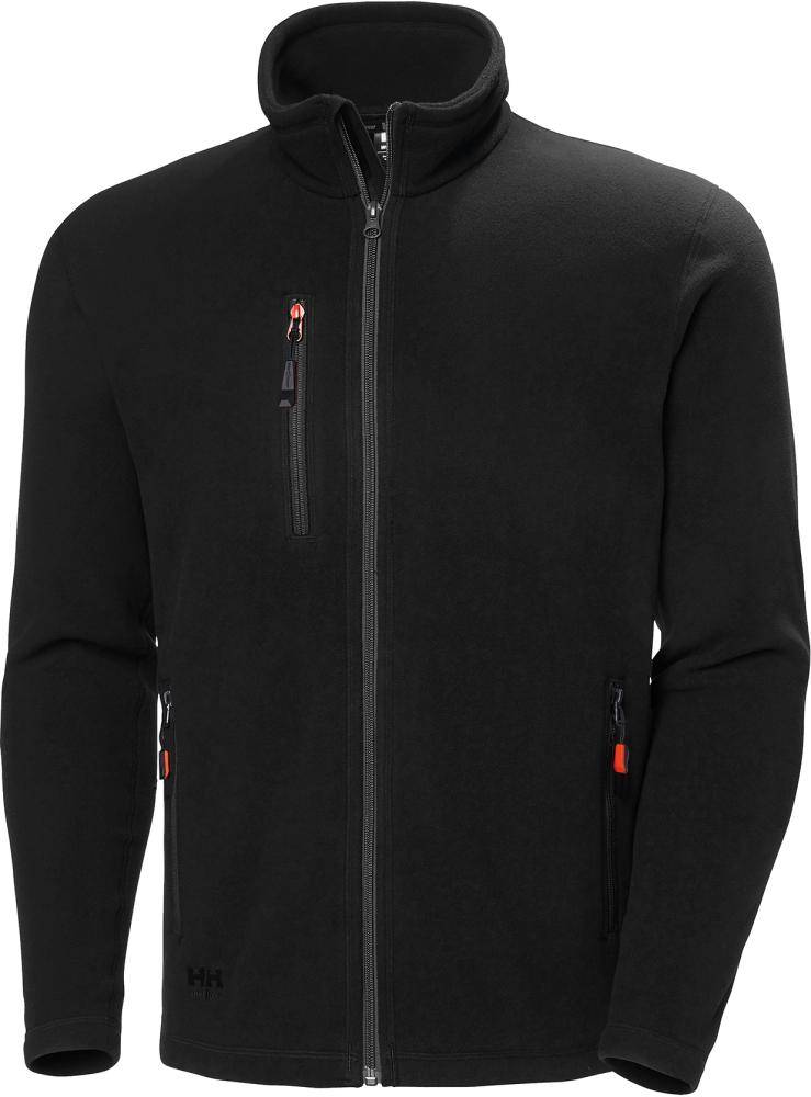 Schwarze Jacke mit durchgehendem Reißverschluss und Stehkragen, Brust- und Seitentaschen mit Reißverschluss sowie kleinem „HH