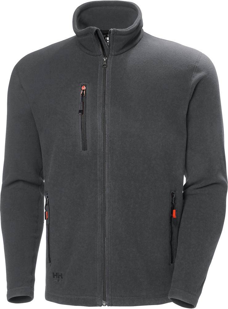 Dunkelgraue Fleecejacke mit Reißverschluss und Stehkragen, Brusttasche und zwei seitlichen Reißverschlusstaschen auf einfachem Hintergrund.