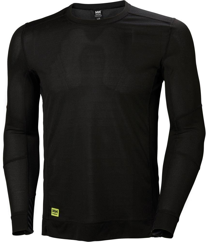 Schwarzes langärmeliges Athletic-Funktionsshirt mit einem kleinen lindgrünen Logo in der Nähe des unteren Saums, gezeigt auf einem schlichten weißen Hintergrund.