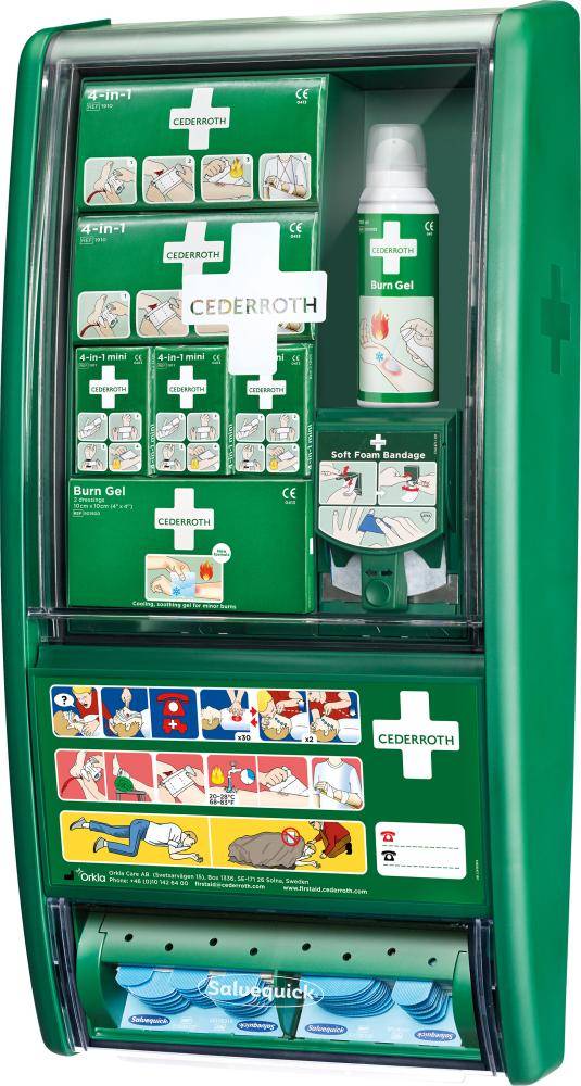 Grüne Cederroth Erste-Hilfe-Station mit Fächern für Brandgel, weichen Schaumverband und verschiedenen Utensilien. Anleitungssymbole enthalten.