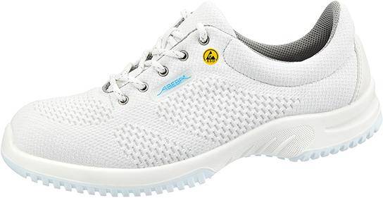 Weißer Sportschuh mit blauem 'Reebok' Etikett, einem gelben Sicherheitsaufkleber und einer strukturierten Sohle.