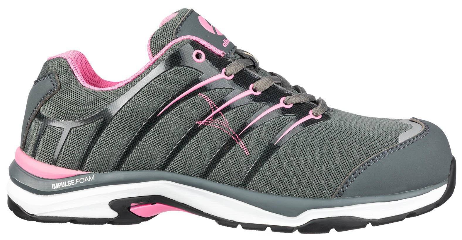 Seitenansicht eines grau und rosa gefärbten athletischen Gehschuhs mit schwarzer Sohle und rosa Akzenten auf weißem Hintergrund.