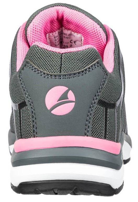 Rückansicht eines grau-rosa Sportschuhs mit gepolstertem Schaft, weißer Zwischensohle und schwarzer Profilsohle.
