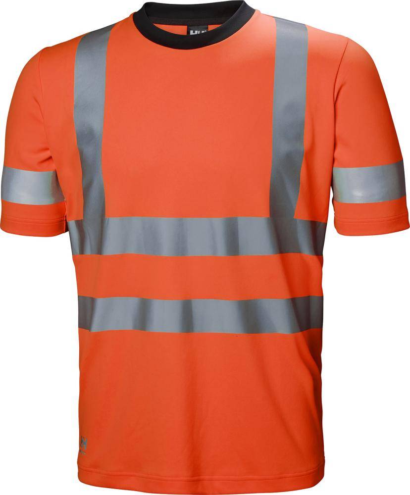 Oranges Hochsichtbarkheits-Kurzarmshirt mit reflektierenden silbergrauen Streifen auf der Brust, an den Ärmeln und an der Taille.