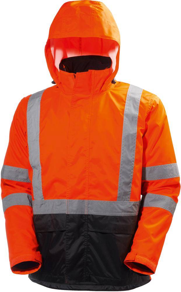 Hochsichtbare orangefarbene Arbeitsschutzjacke mit Kapuze, reflektierenden silbernen Streifen und schwarzem unteren Panel, Vorderansicht auf weißem Hintergrund dargestellt.