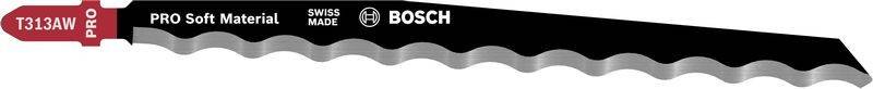 Sägeblatt mit BOSCH-Logo auf einer gewellten Metalloberfläche, die Haltbarkeit und Markenbekanntheit in Werkzeugen und Hardware repräsentiert.