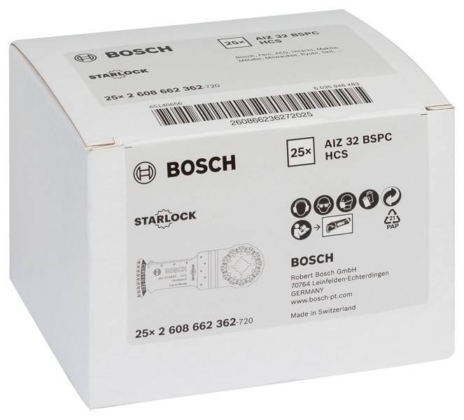 Box of Bosch Starlock AIZ 32 BSPC HCS Oszillierungs-Multitool-Klingen; Menge: 25, Produktcode: 2 608 662 362-720. Hergestellt in der Schweiz.