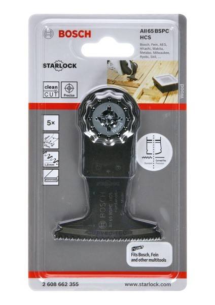 Verpackung eines Starlock-Holzschneidemessers, kompatibel mit Bosch und anderen Marken, mit sauberer Schnittgeometrie und fünf Klingen pro Packung.