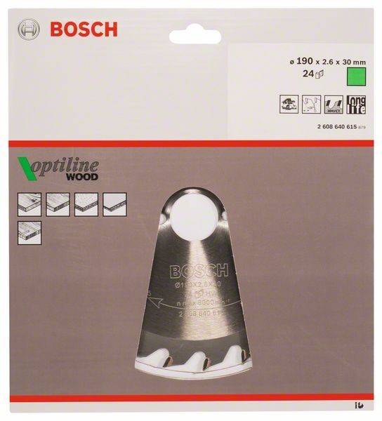 Bosch Optiline Holzsägeblatt, 190x2,6x30 mm, 24 Zähne, auf Verpackung abgebildet. Enthält Symbole, die Anwendungen wie Holzschneiden zeigen.