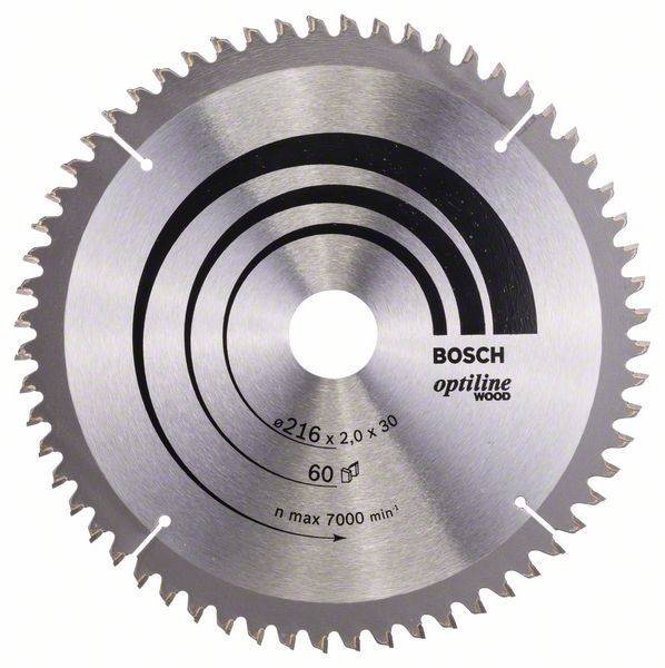 Bosch Optiline Holz-Kreissägeblatt, 60 Zähne, 216x2,0x30 mm Abmessungen, max. 7000 U/min, silbernes Metall mit aufgedruckten Spezifikationen.