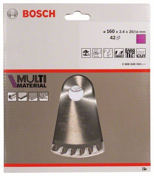 Bosch-Verpackung für ein Mehrmaterial-Sägeblatt, mit Abbildungen kompatibler Materialien und Abmessungen: 160 mm x 2,4 mm x 20/16 mm, 42 Zähne.