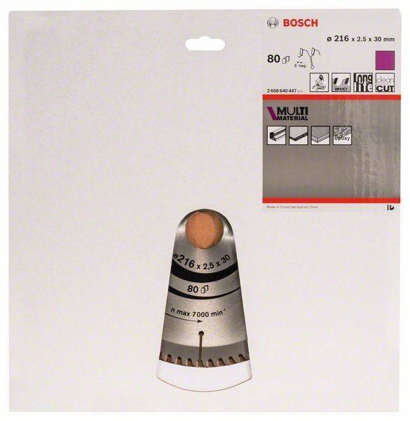 Sägeblattverpackung mit Bosch-Logo, Details: 216 x 2,5 x 30 mm, 80 Zähne, geeignet für Mehrkomponentenschnitte, maximal 7000 U/min.