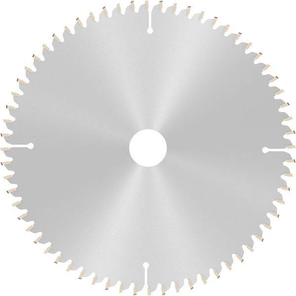 Eine Kreissägeblatt mit scharfen, gleichmäßig am Rand verteilten Zähnen, die eine zentrale Bohrung zum Aufsetzen auf eine Sägemachine aufweist.