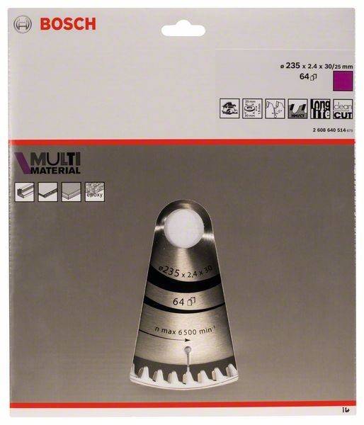 Verpackung für ein oszillierendes Multitool-Sägeblatt, zeigt Blattform mit Details: '235 x 2,4 x 30/25 mm, 64Z