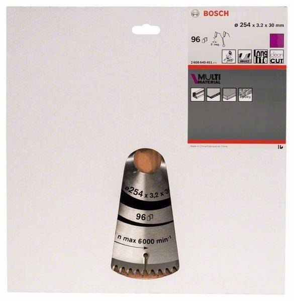Verpackung einer Bosch Kreissägeblatt mit folgenden Spezifikationen: 254 mm Durchmesser, 3,2 mm Dicke und 30 mm Bohrung.