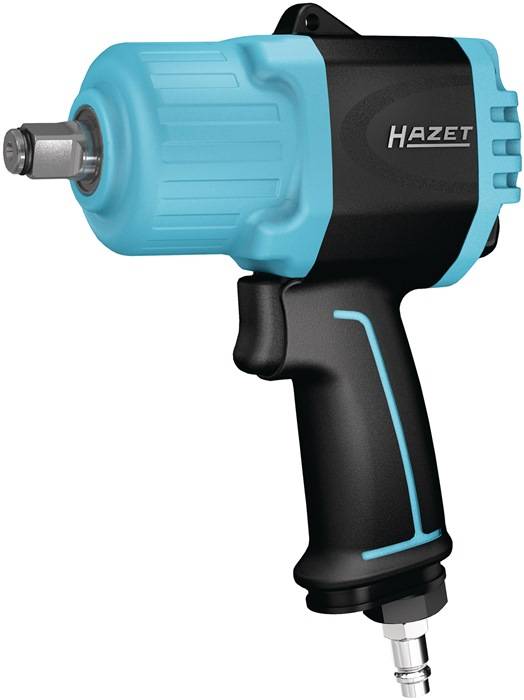 Blauer und schwarzer Hazet Schlagschrauber, Seitenansicht, mit Griff und Markenlogo, verwendet zum Anziehen oder Lösen großer Schrauben und Muttern.