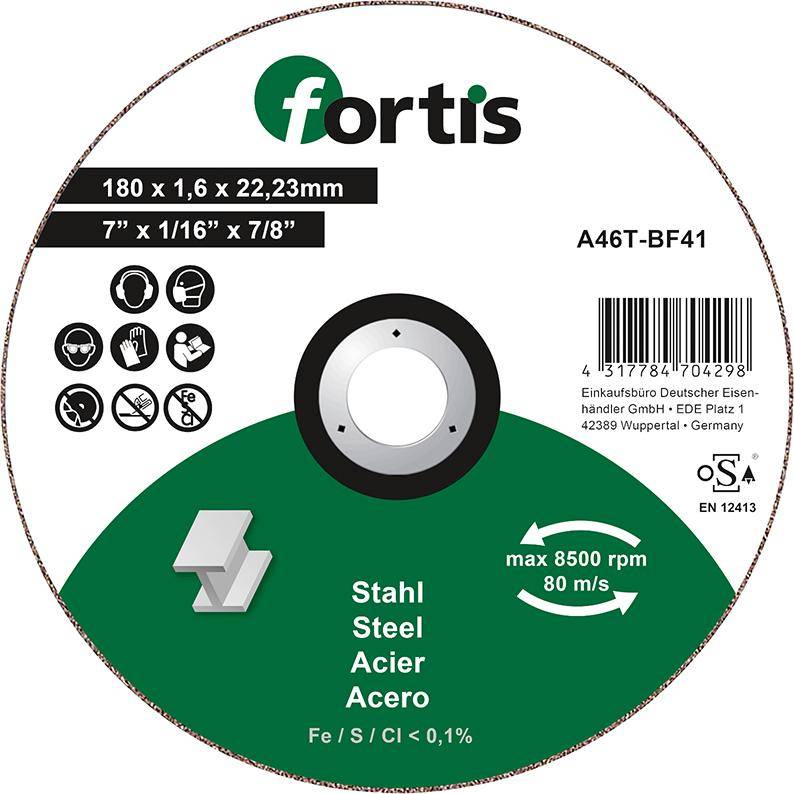 Fortis Stahltrennscheibe, 180 x 1,6 x 22,23 mm (7 x 1/16 x 7/8), max. 8500 U/min und 80 m/s, mit Barcode und Sicherheitszeichen.
