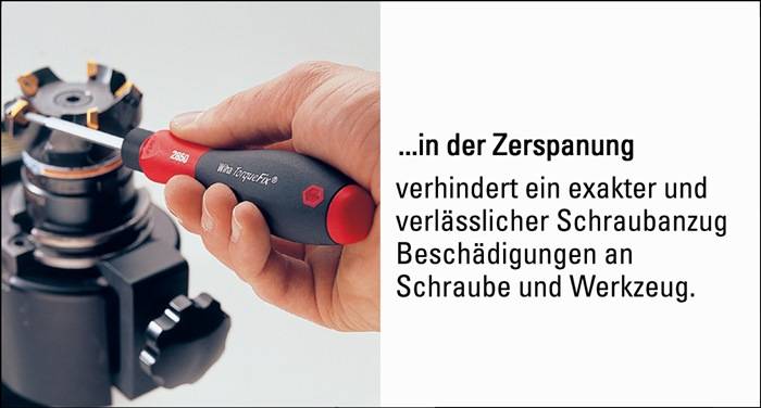 Eine Hand, die ein Werkzeug hält, neben einem Text auf Deutsch über das Verhindern von Beschädigungen an Schrauben und Werkstoffen.