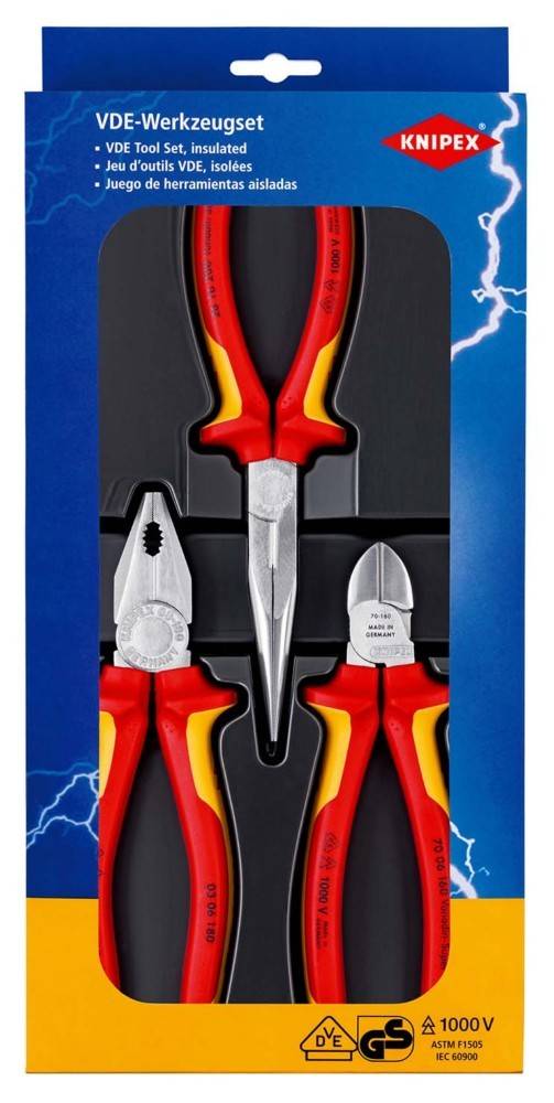 Verpackung für KNIPEX isolierte VDE-Zangensatz mit drei rot-gelb isolierten Handwerkzeugen mit einer Nennspannung von 1000V.