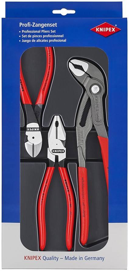 KNIPEX Professionelle Zangensatz-Verpackung mit drei rot-schwarzen Zangen: Seitenschneider, Kombinationszangen und Wasserpumpenzangen.