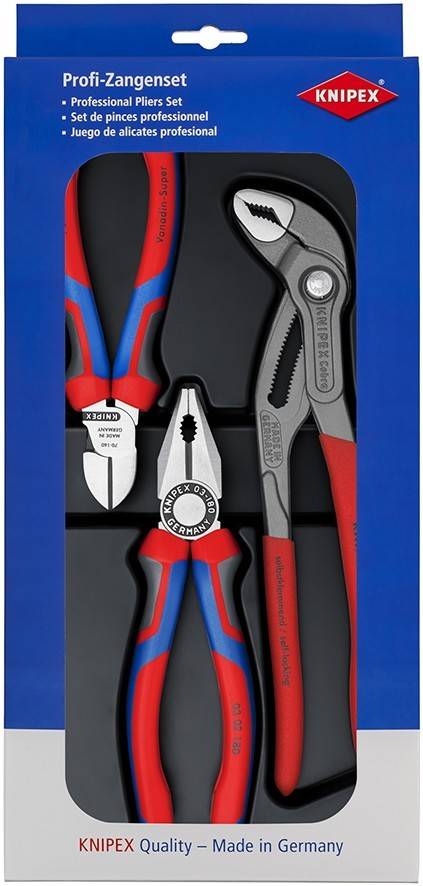 KNIPEX Profi-Zangenset Blisterpackung mit drei rot-blauen Profi-Zangen auf einer blau-schwarzen Karte, beschriftet mit 'Profi-Zangenset' und 'KNIPEX Qualität - Made in Germany'.