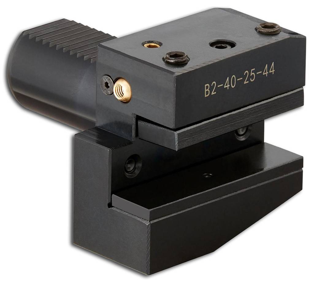 Präzisions-Schraubstock oder Spannvorrichtung aus schwarzem Metall mit verstellbaren Backen, mit der Bezeichnung 'B2-40-25-44', freigestellt auf weißem Hintergrund.