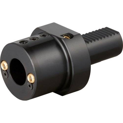 Schwarzer Metall-Mechanikadapter oder -kupplung mit kreisförmiger Frontöffnung und gerillter Welle auf weißem Hintergrund.