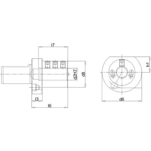 Technische Zeichnung eines geflanschten Maschinenteils mit Vorder- und Seitenansicht, wobei Bemaßungsetiketten d2H7, d8, d6, l3, l6, l7 und h1 angezeigt werden.