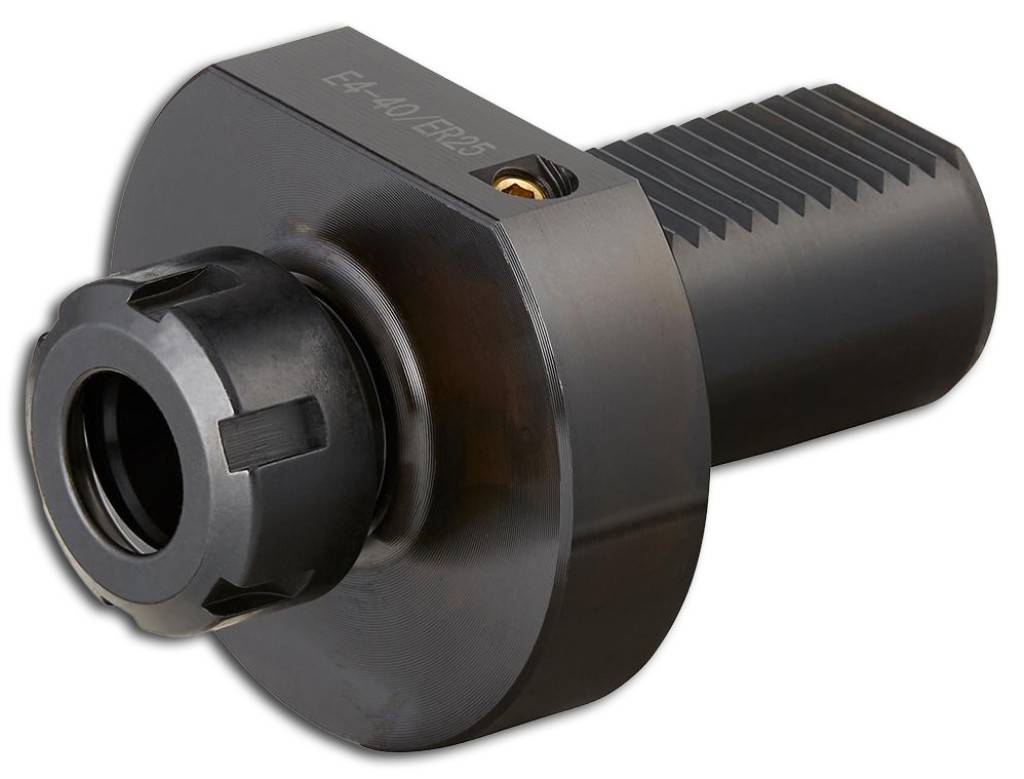 Schwarze mechanische Spannfutter oder Spannzange mit gewindeliertem zylindrischem Schaft, dargestellt auf weißem Hintergrund.
