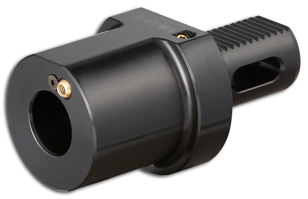 Schwarzer zylindrischer Bohrfutteradapter mit Sechskantschaft und offener Frontbohrung, dargestellt auf weißem Hintergrund.