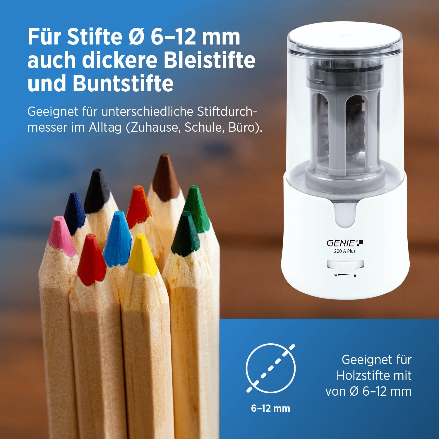 Ein Bleistiftspitzer, der sich für Bleistifte und Buntstifte eignet und in Größen von 6-12 mm passt. Zeigt eine Illustration eines Kreissymbols, das den Größenbereich angibt.