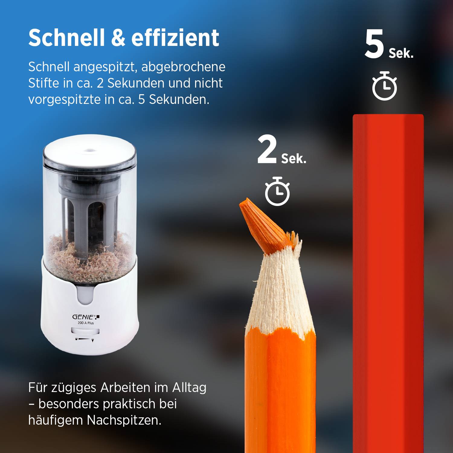 Ein Telefon mit einer hellen roten LED-Signalleuchte für eingehende Anrufe. Deutscher Text lautet: „Helle LED zur Anrufsignalisierung. Selbst in lauter Umgebung - keine Anrufe verpassen.