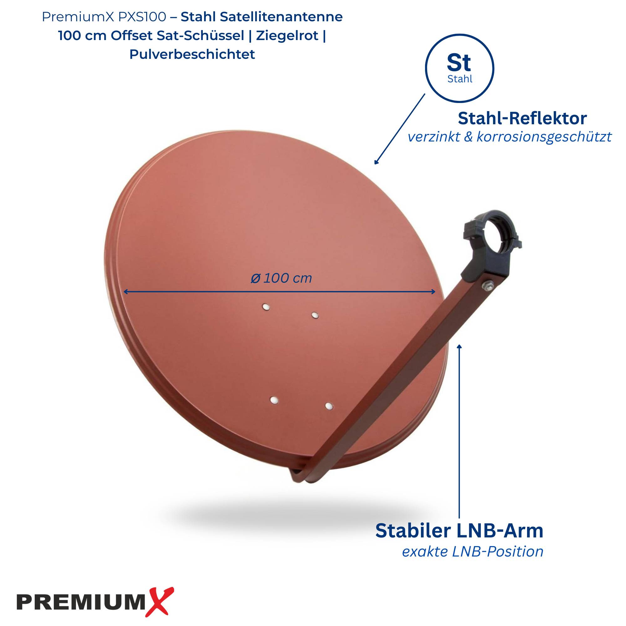 Produktbild einer PremiumX PX100 Stahl-Satellitenschüssel, 100 cm Durchmesser, mit verzinktem rostgeschütztem Reflektor und stabilem LNB-Arm.