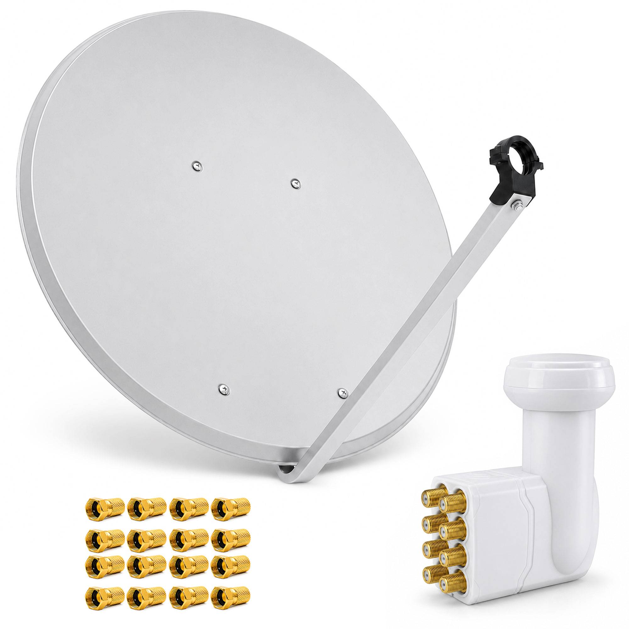 Satellitenantenne mit LNB-Arm und einem Satz von Koaxialsteckern, die die Komponenten eines Satellitenfernsehen-Antennensystems zeigen.