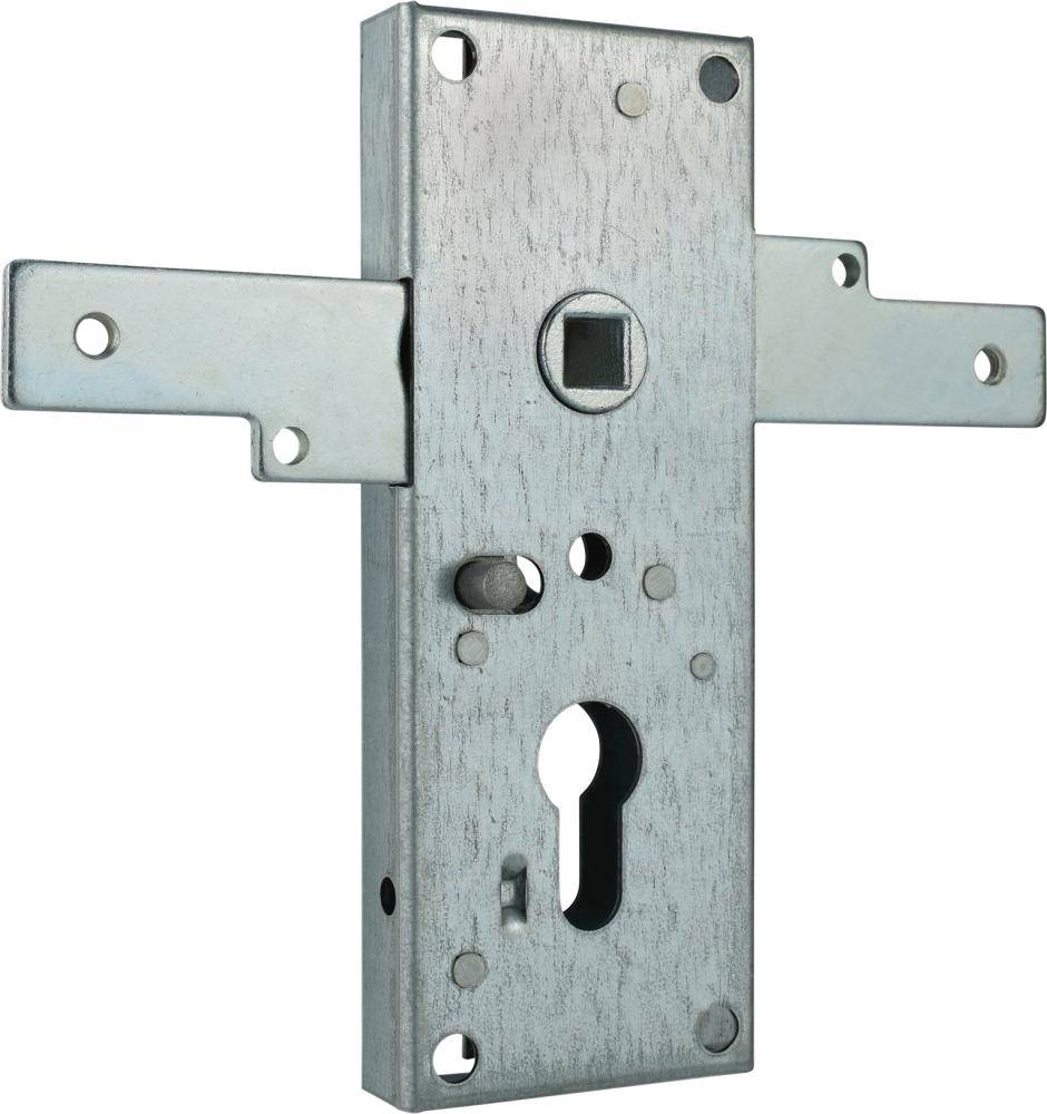 Metallisches Türschloss mit zwei Seitenziegeln, quadratischem Spindelgewinde und Schlüsselloch auf einfachem Hintergrund.