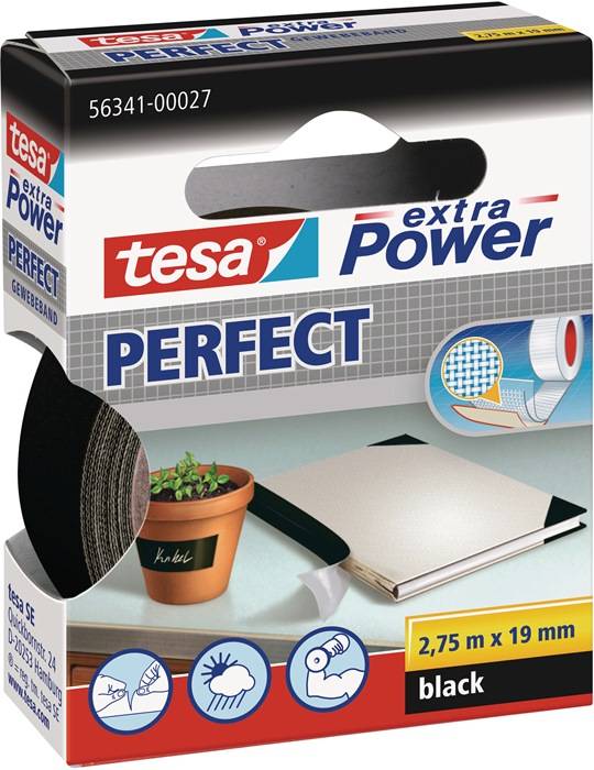 Tesa extra Power Perfect' Klebeband-Verpackung mit Produktanwendung an einem Blumentopf und Bandabmessungen: 2,75m x 19mm.