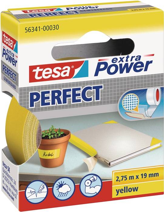 Eine Schachtel von 'tesa extra Power Perfect', die ein gelbes Klebeband, eine Klebstoffprobe und ein Etikett mit den Abmessungen: 2,75m x 19mm zeigt.