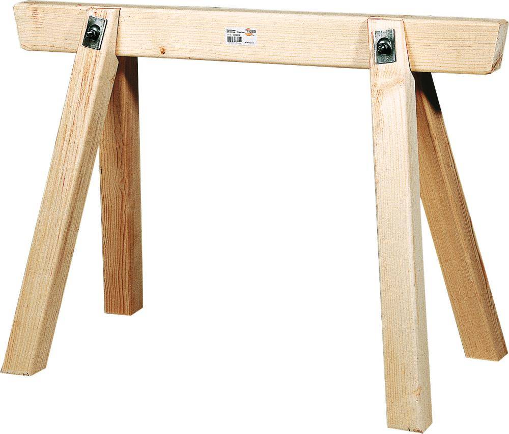 Holzbock mit vier Beinen und Metallhalterungen auf weißem Hintergrund.