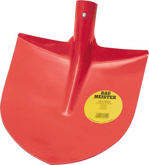 Roter Metallschaufelkopf mit einer kurzen Stielaufnahme, dargestellt auf weißem Hintergrund mit gelbem 