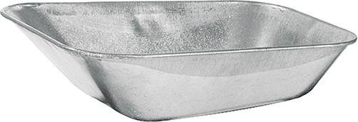 Eine flache rechteckige Metallbackform mit ausgestellten Seiten, leer auf weißem Hintergrund abgebildet.