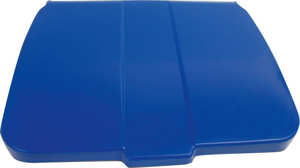 Blauer Kunststoff-Klappdeckel mit einer kleinen vorderen Kerbe, geschlossen auf weißem Hintergrund dargestellt.
