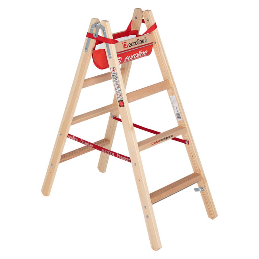 Euroline Holz Sprossenstehleiter mit Comfort-Breitsprossen, Eimerhaken und Werkzeugablagetasche 2x4 Sprossen
