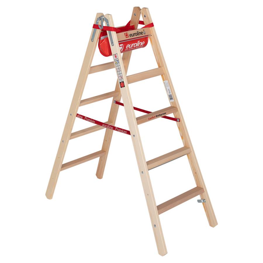 Euroline Holz Sprossenstehleiter mit Comfort-Breitsprossen, Eimerhaken und Werkzeugablagetasche 2x5 Sprossen