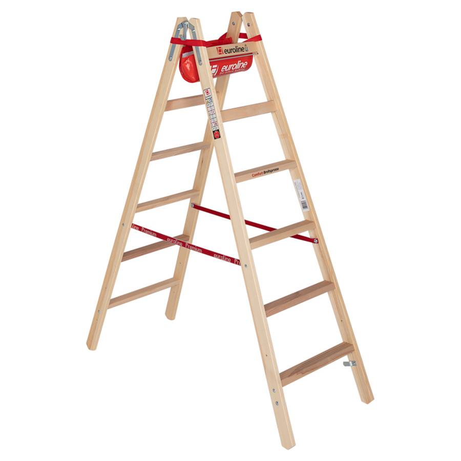 Euroline Holz Sprossenstehleiter mit Comfort-Breitsprossen, Eimerhaken und Werkzeugablagetasche 2x6 Sprossen