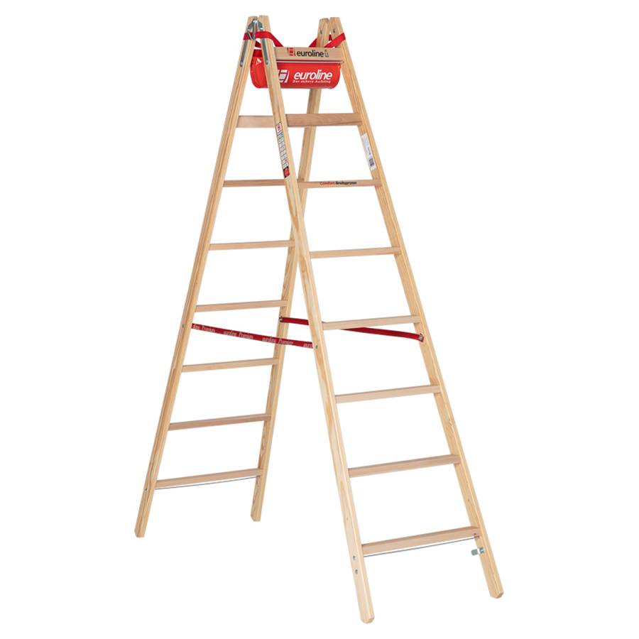 Euroline Holz Sprossenstehleiter mit Comfort-Breitsprossen, Eimerhaken und Werkzeugablagetasche 2x8 Sprossen